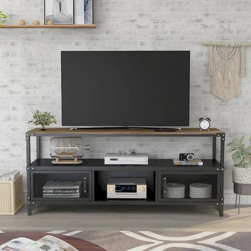 Meuble TV console rustique noir et noyer foncé de 70 pouces à 2 étagères en acier