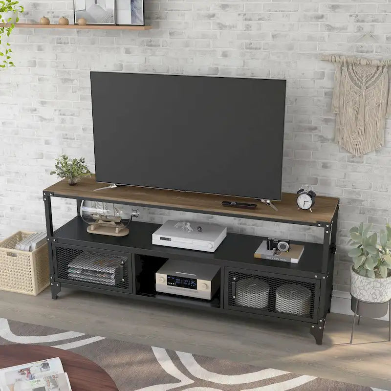 Meuble TV console rustique noir et noyer foncé de 70 pouces à 2 étagères en acier
