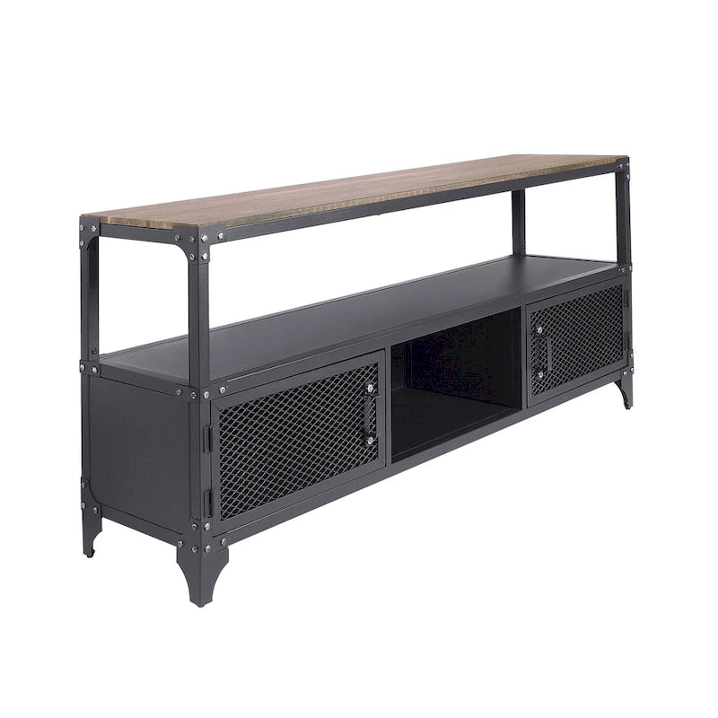 Meuble TV console rustique noir et noyer foncé de 70 pouces à 2 étagères en acier