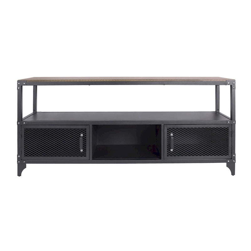 Meuble TV console rustique noir et noyer foncé de 70 pouces à 2 étagères en acier