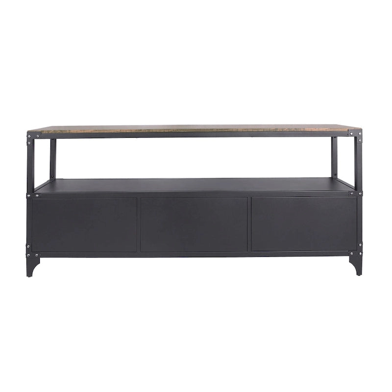 Meuble TV console rustique noir et noyer foncé de 70 pouces à 2 étagères en acier