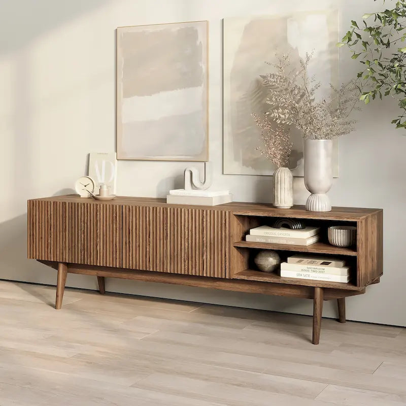 Meuble TV console pour téléviseurs jusqu'à 65 po avec pieds en bois