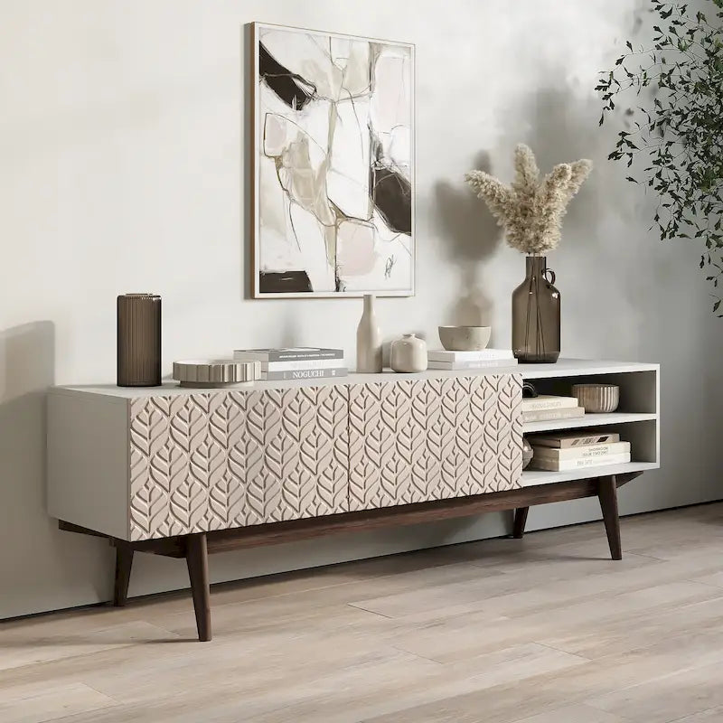Meuble TV console pour téléviseurs jusqu'à 65 po avec pieds en bois
