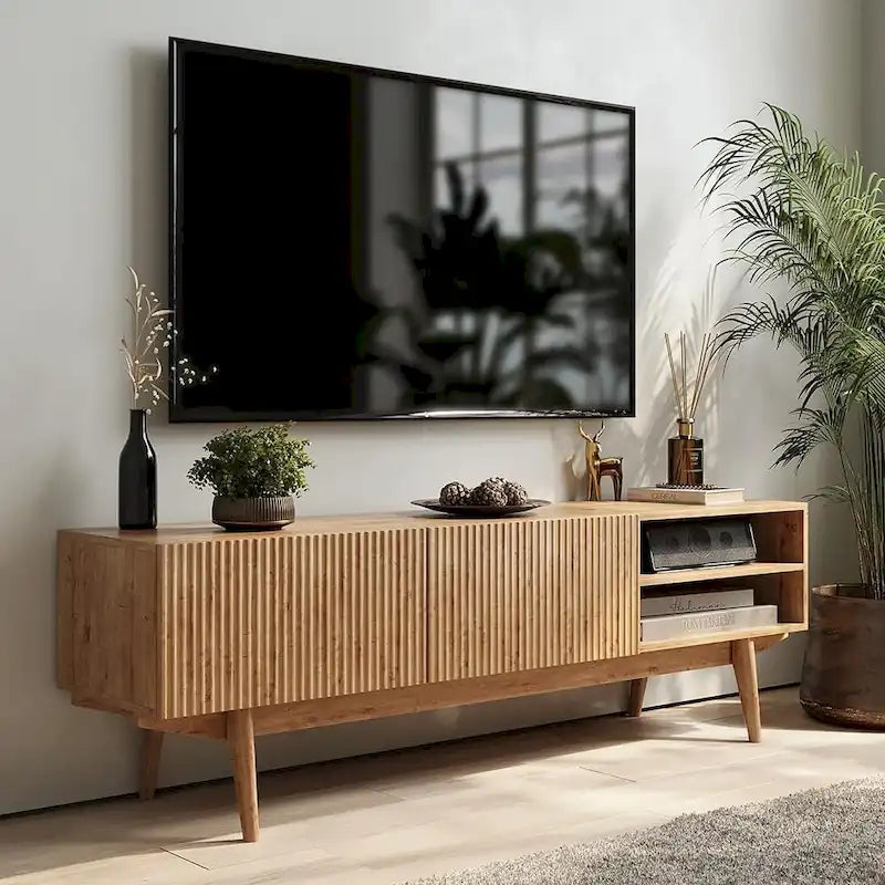 Meuble TV console pour téléviseurs jusqu'à 65 po avec pieds en bois