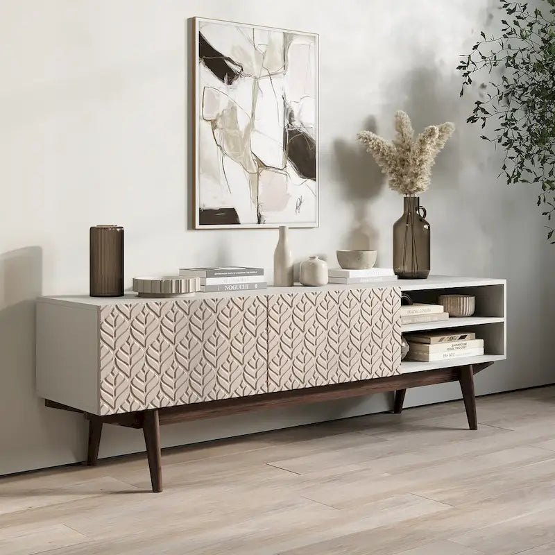 Meuble TV console pour téléviseurs jusqu'à 65 po avec pieds en bois