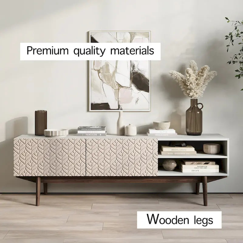 Meuble TV console pour téléviseurs jusqu'à 65 po avec pieds en bois
