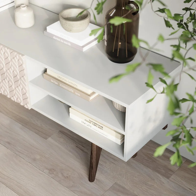 Meuble TV console pour téléviseurs jusqu'à 65 po avec pieds en bois