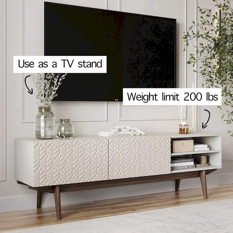Meuble TV console pour téléviseurs jusqu'à 65 po avec pieds en bois