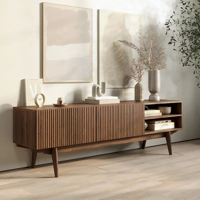 Meuble TV console pour téléviseurs jusqu'à 65 po avec pieds en bois