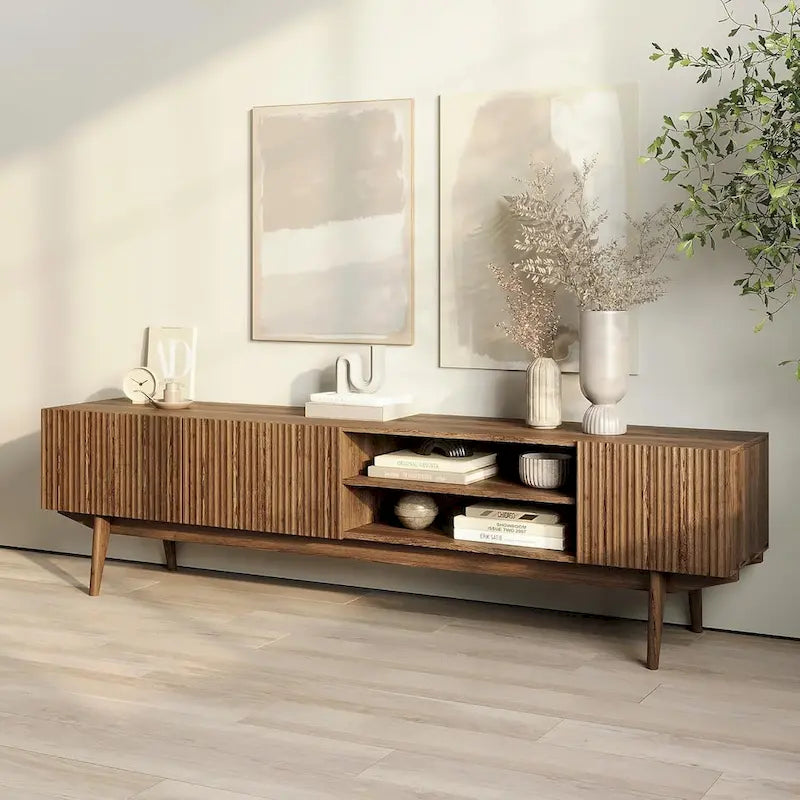 Meuble TV console pour téléviseurs jusqu'à 65 po avec pieds en bois