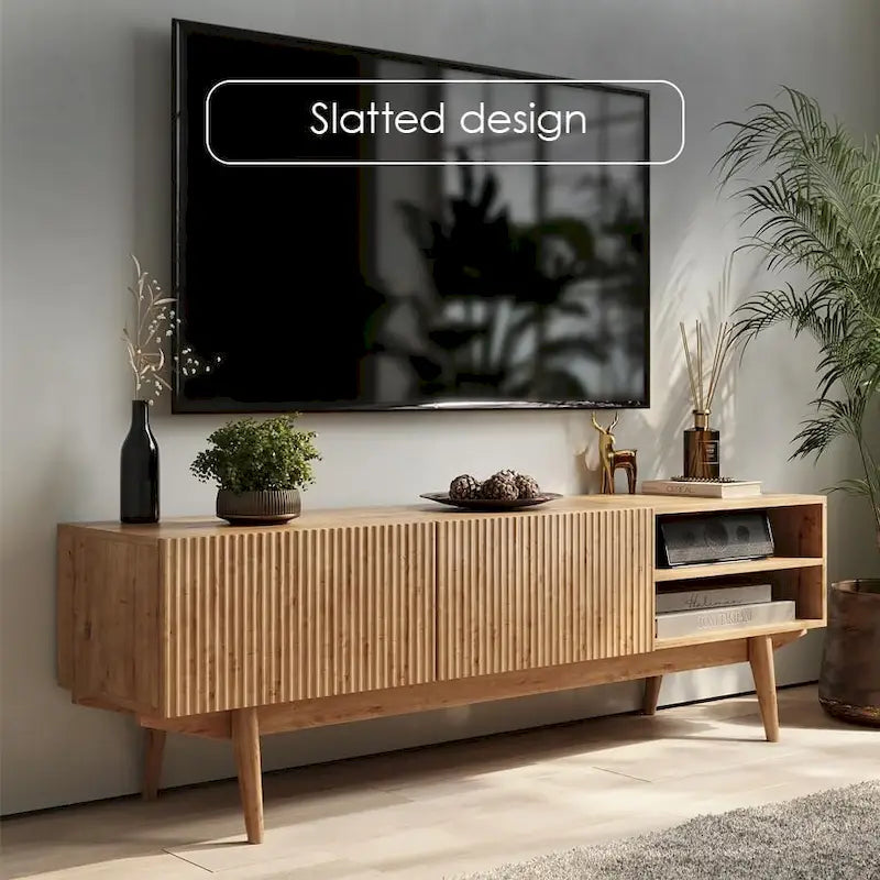 Meuble TV console pour téléviseurs jusqu'à 65 po avec pieds en bois