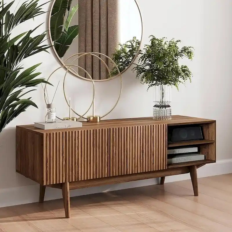 Meuble TV console pour téléviseurs jusqu'à 65 po avec pieds en bois
