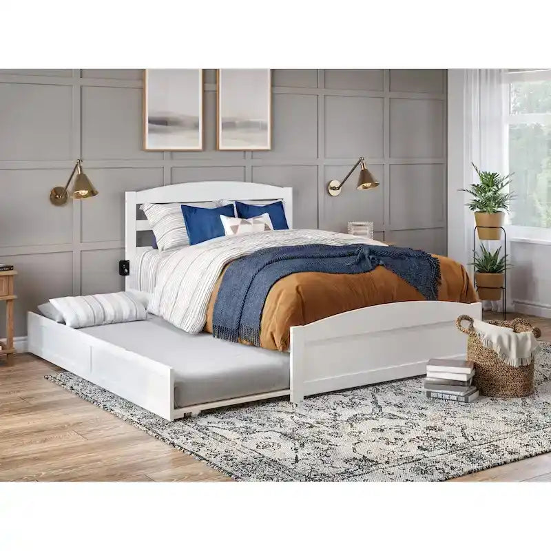 Lit plateforme en bois massif avec pied de lit et lit gigogne double XL
