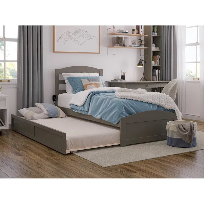 Lit plateforme en bois massif avec pied de lit et lit gigogne double XL