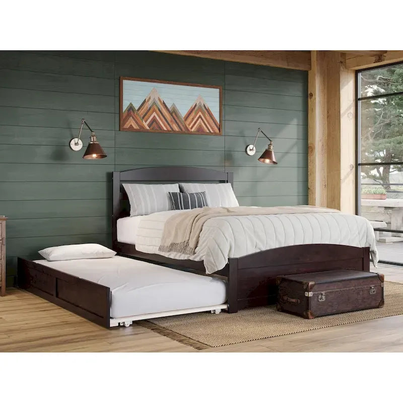 Lit plateforme en bois massif avec pied de lit et lit gigogne double XL