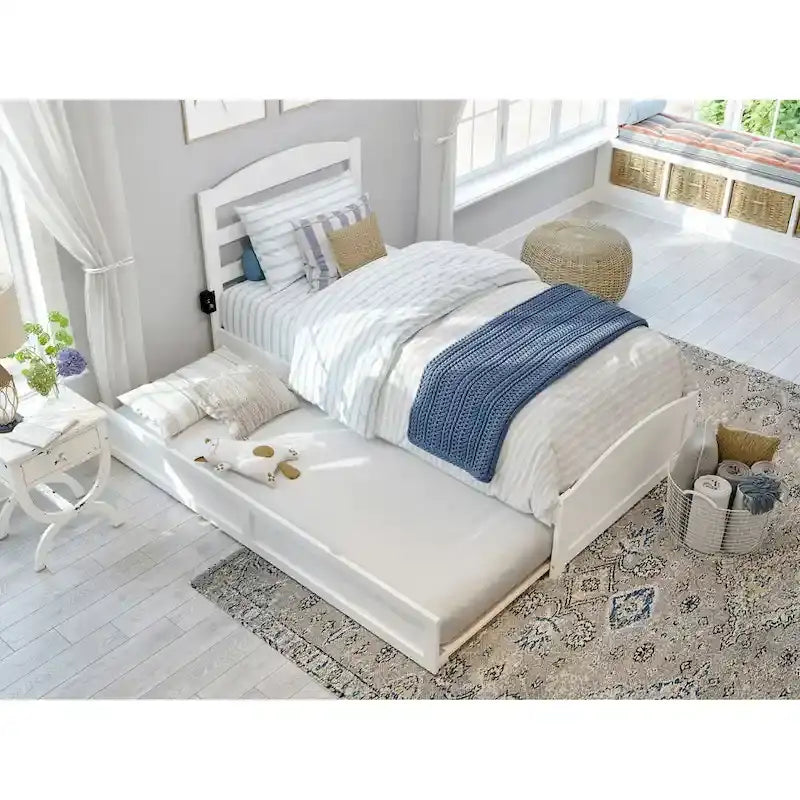 Lit plateforme en bois massif avec pied de lit et lit gigogne double XL
