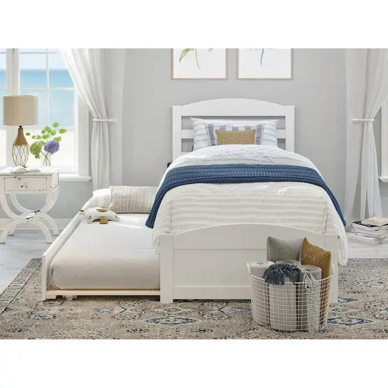 Lit plateforme en bois massif avec pied de lit et lit gigogne double XL