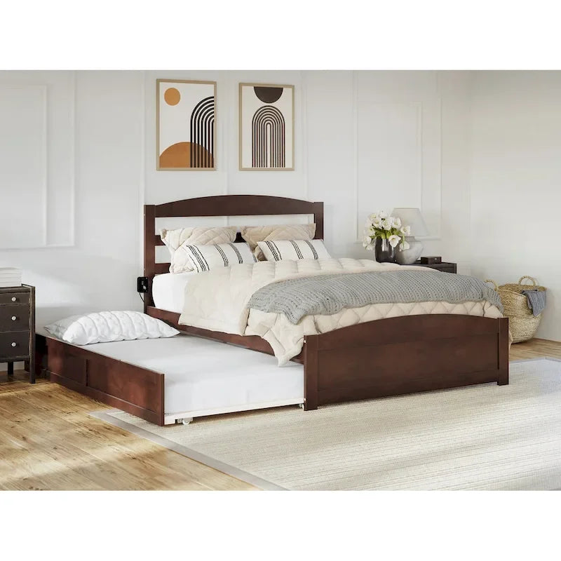 Lit plateforme en bois massif avec pied de lit et lit gigogne double XL
