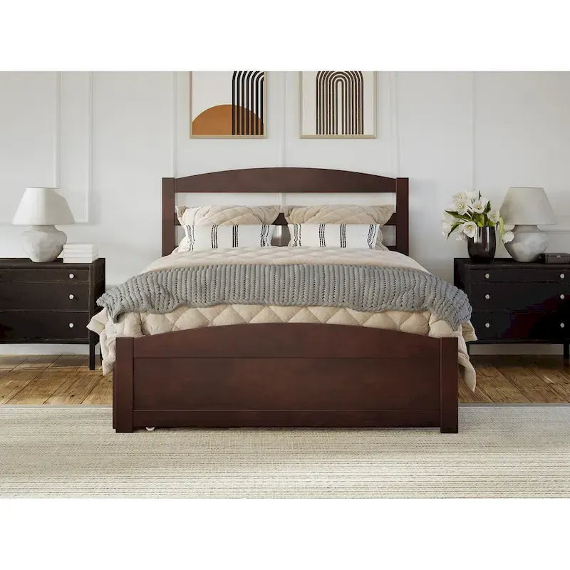 Lit plateforme en bois massif avec pied de lit et lit gigogne double XL