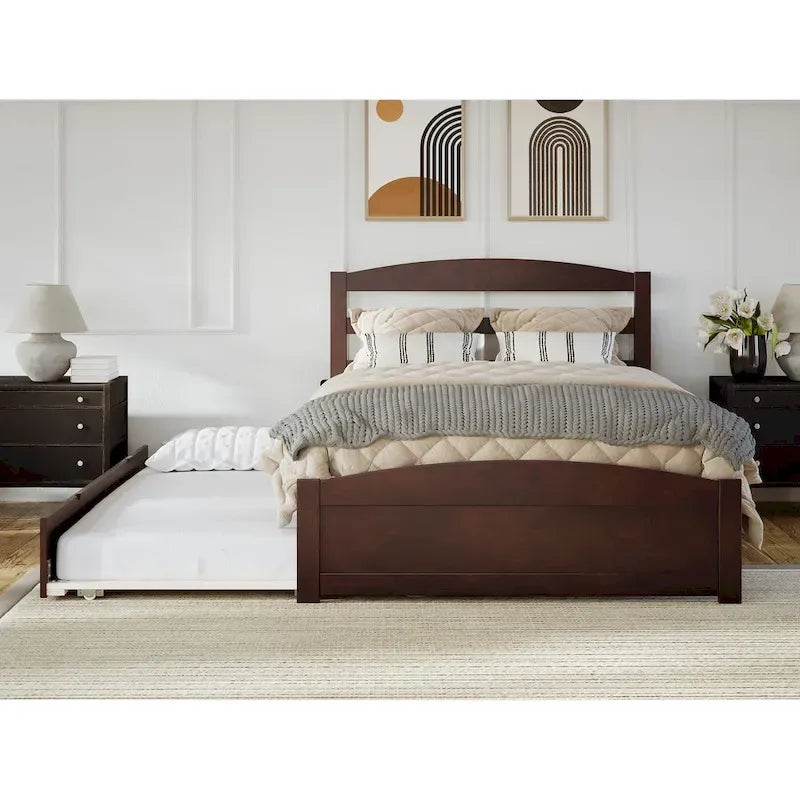 Lit plateforme en bois massif avec pied de lit et lit gigogne double XL
