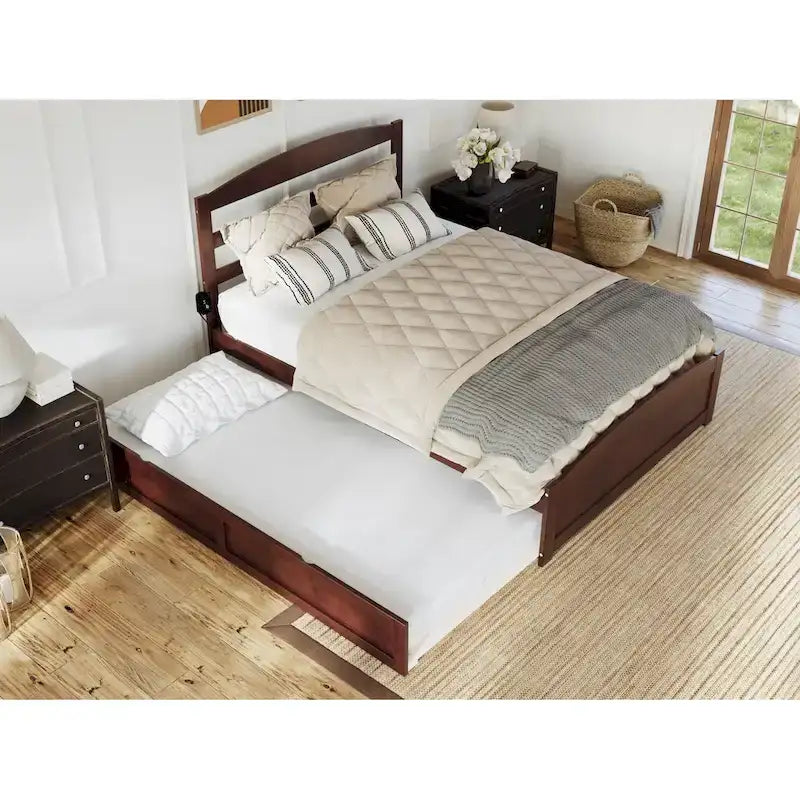 Lit plateforme en bois massif avec pied de lit et lit gigogne double XL