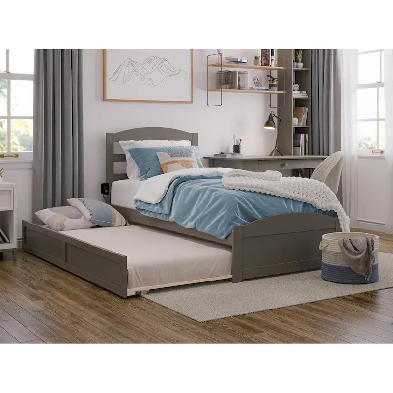Lit plateforme en bois massif avec pied de lit et lit gigogne double XL