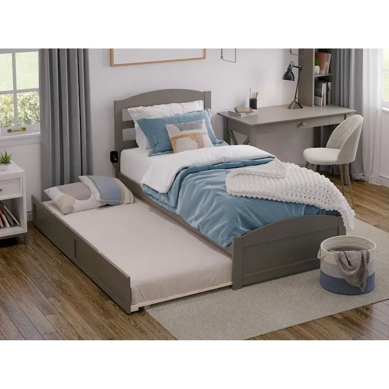 Lit plateforme en bois massif avec pied de lit et lit gigogne double XL