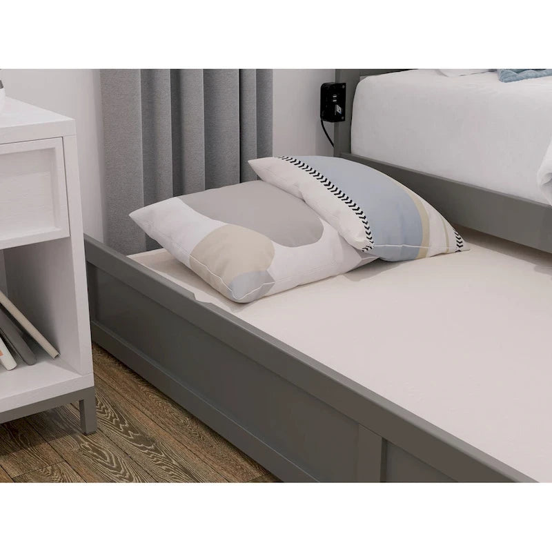 Lit plateforme en bois massif avec pied de lit et lit gigogne double XL