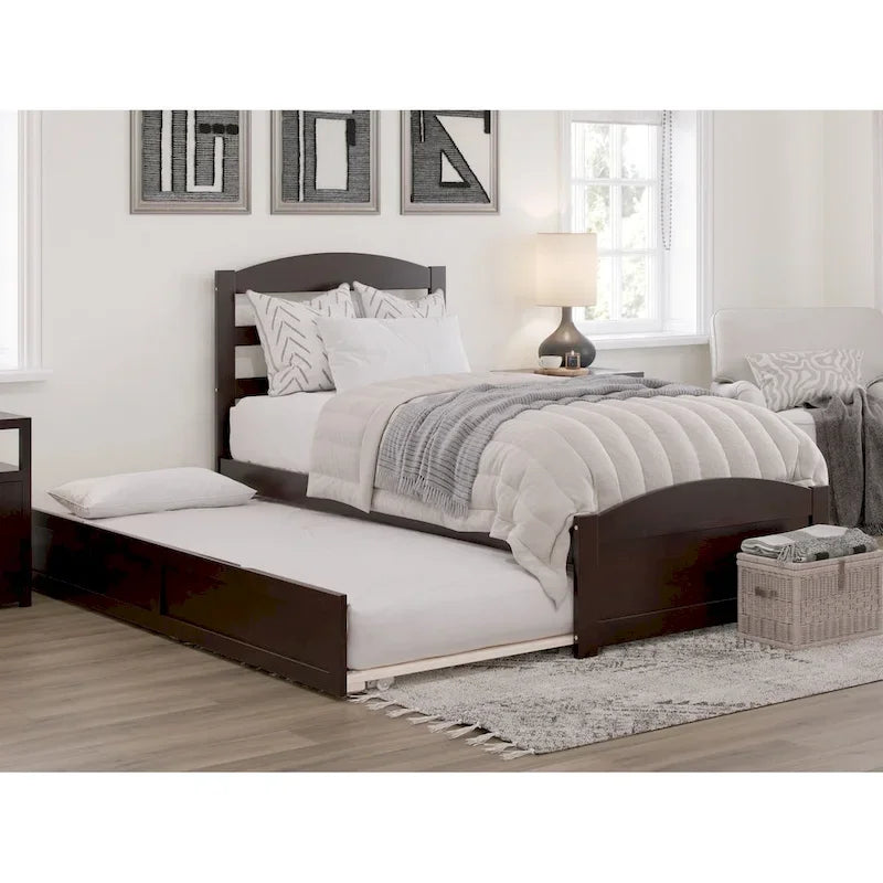Lit plateforme en bois massif avec pied de lit et lit gigogne double XL