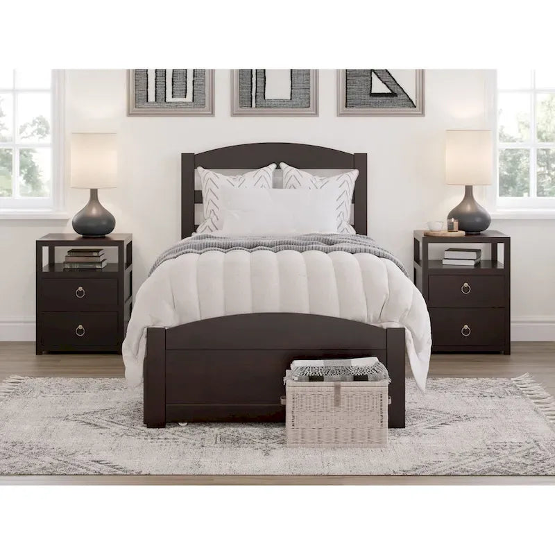 Lit plateforme en bois massif avec pied de lit et lit gigogne double XL