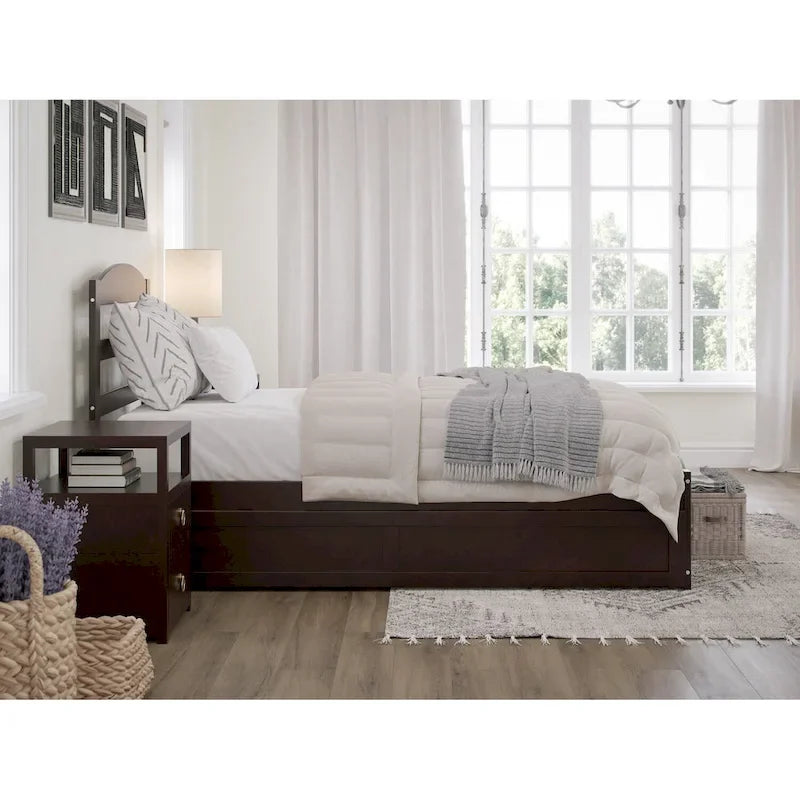 Lit plateforme en bois massif avec pied de lit et lit gigogne double XL
