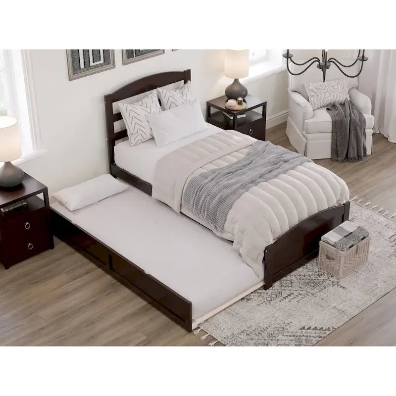 Lit plateforme en bois massif avec pied de lit et lit gigogne double XL