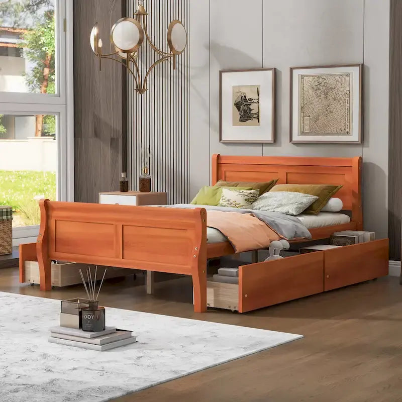 Lit plateforme en bois pleine grandeur avec 4 tiroirs et tête de lit épurée