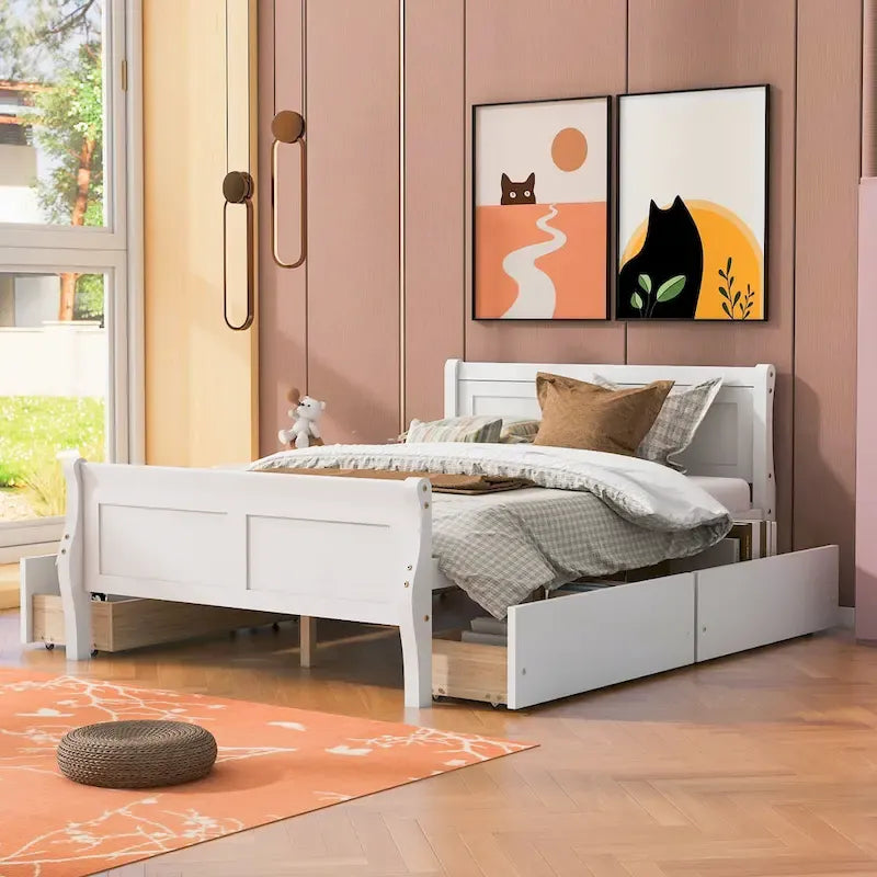 Lit plateforme en bois pleine grandeur avec 4 tiroirs et tête de lit épurée