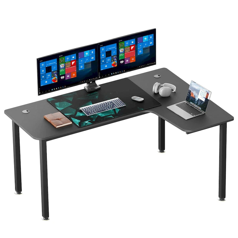 Grand bureau d'angle pour télétravail en L, avec tapis de souris