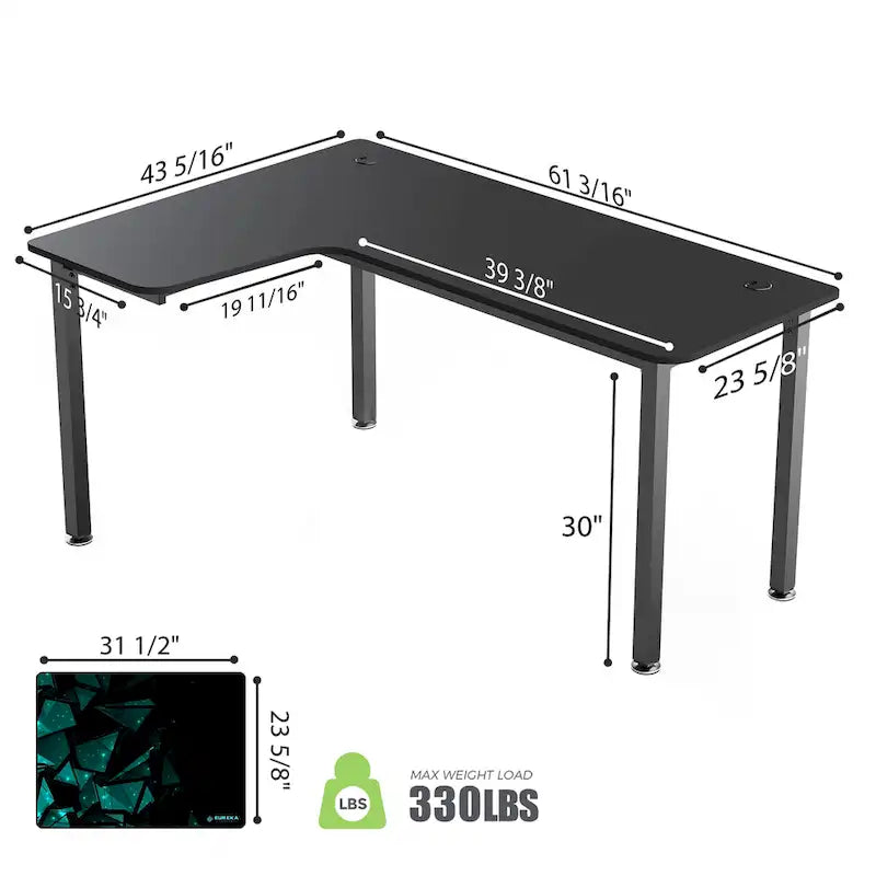 Grand bureau d'angle pour télétravail en L, avec tapis de souris