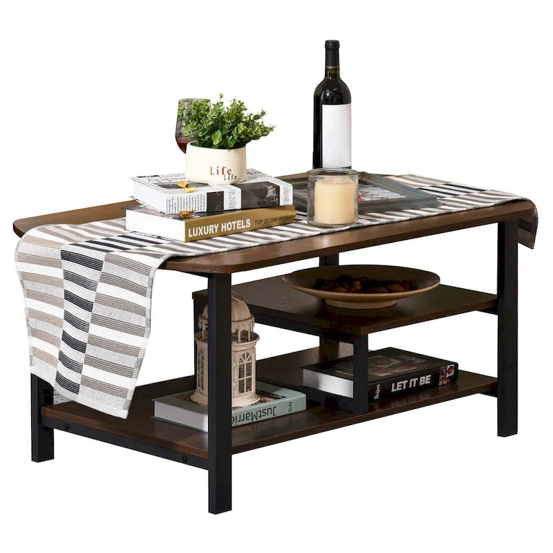 Table basse industrielle vintage avec étagères de rangement sous le plateau et coins arrondis