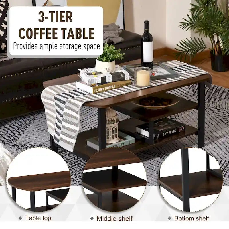 Table basse industrielle vintage avec étagères de rangement sous le plateau et coins arrondis