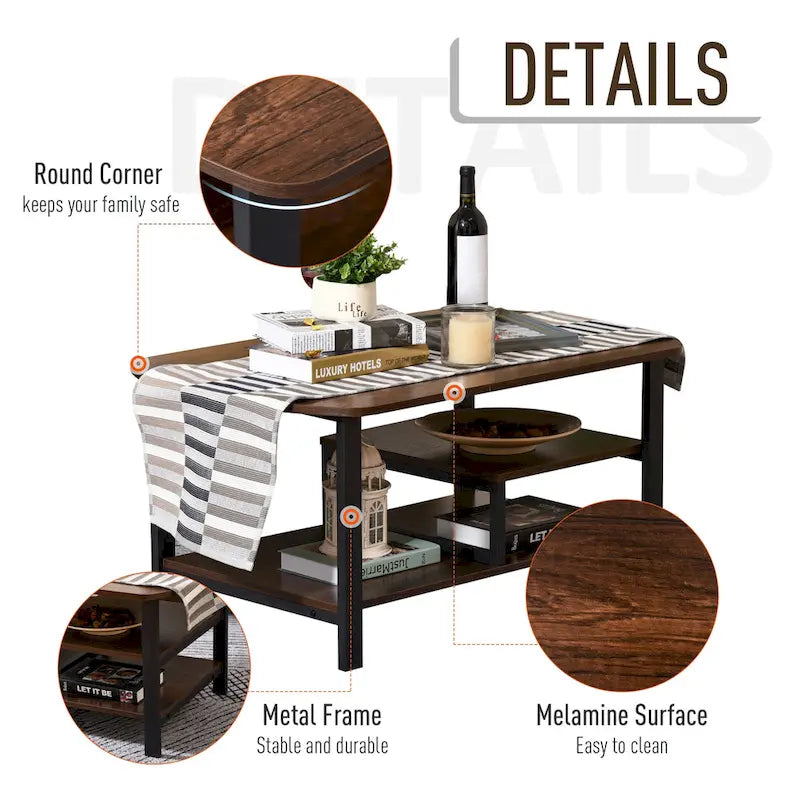Table basse industrielle vintage avec étagères de rangement sous le plateau et coins arrondis
