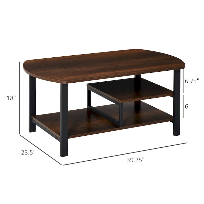 Table basse industrielle vintage avec étagères de rangement sous le plateau et coins arrondis