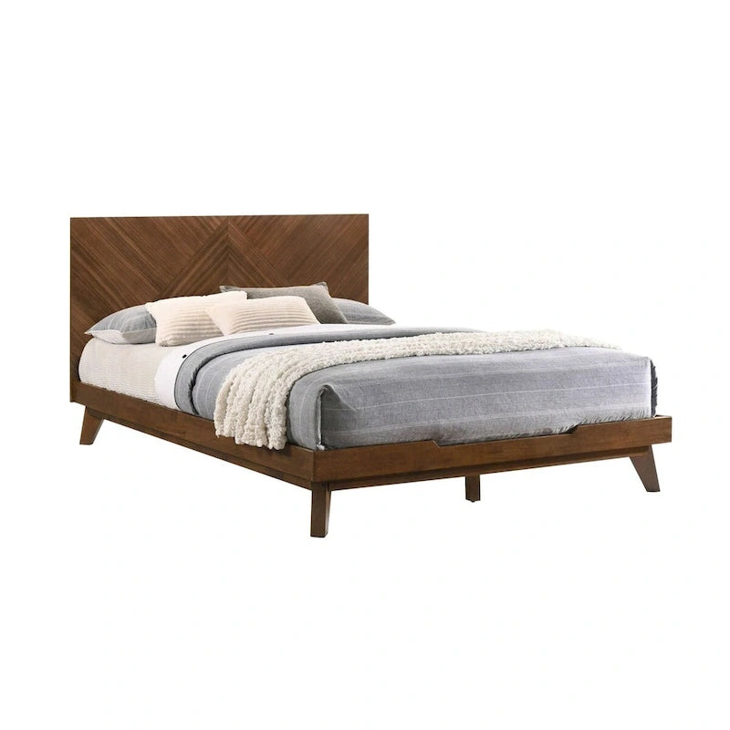 Lit Queen, tête de lit haute à motif chevrons, en bois massif couleur noyer