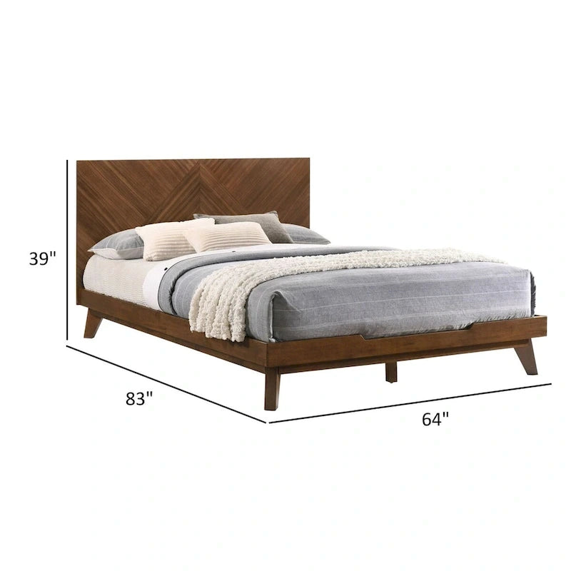 Lit Queen, tête de lit haute à motif chevrons, en bois massif couleur noyer