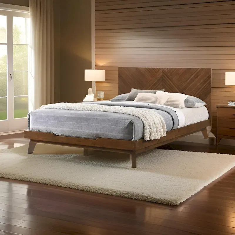 Lit Queen, tête de lit haute à motif chevrons, en bois massif couleur noyer