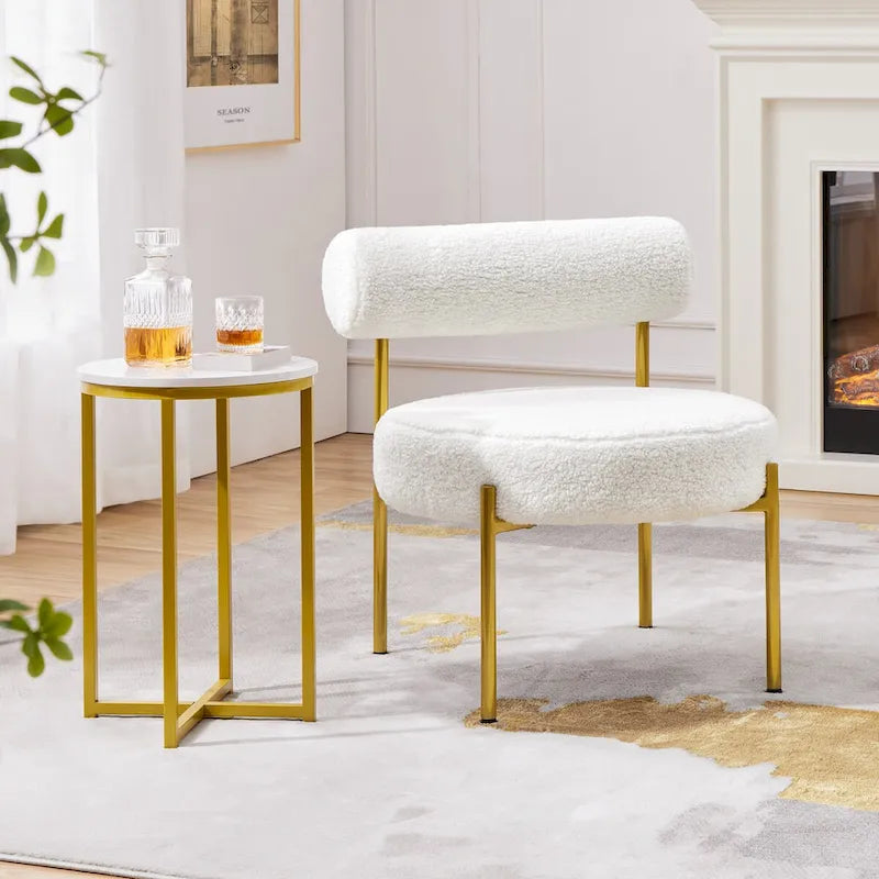 Fauteuil d'appoint en boucle avec pieds en métal doré et assise ronde rembourrée, blanc