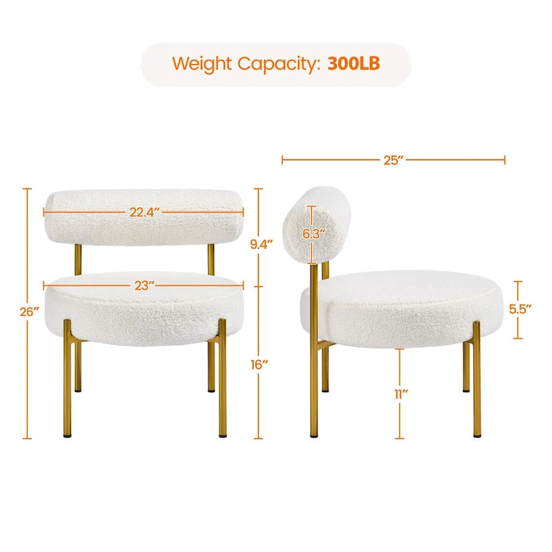 Fauteuil d'appoint en boucle avec pieds en métal doré et assise ronde rembourrée, blanc