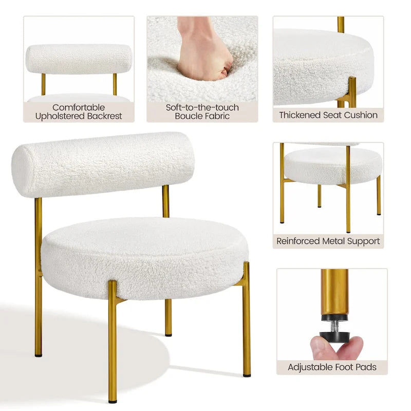 Fauteuil d'appoint en boucle avec pieds en métal doré et assise ronde rembourrée, blanc