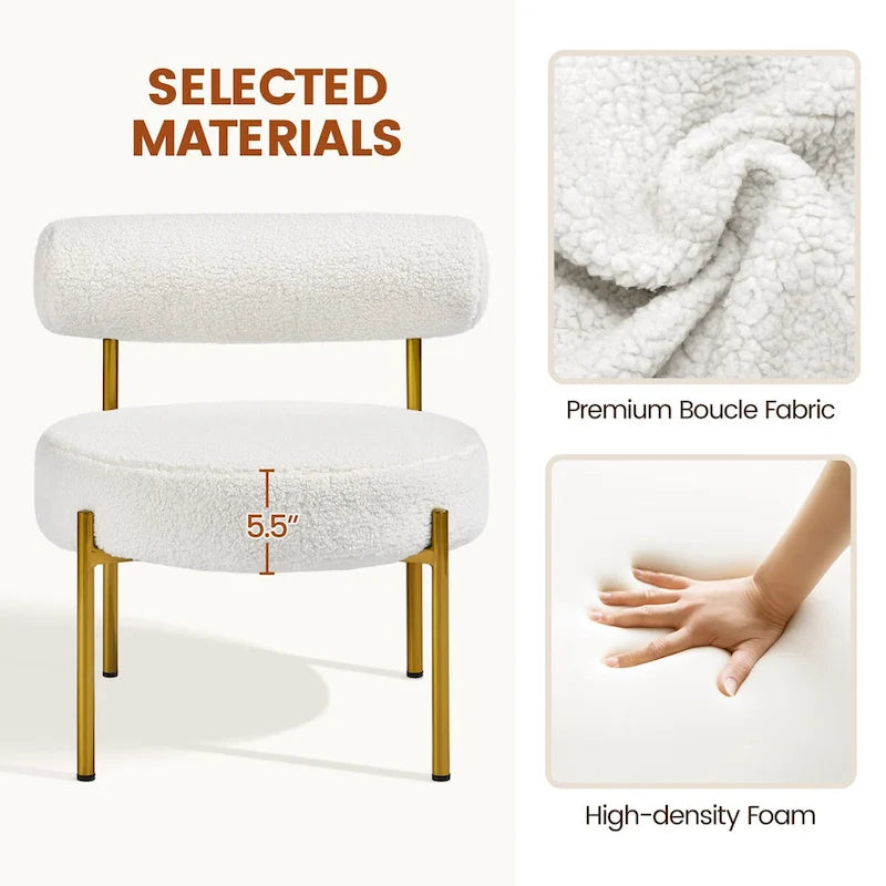 Fauteuil d'appoint en boucle avec pieds en métal doré et assise ronde rembourrée, blanc