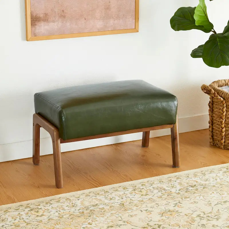 Tabouret d'appoint en similicuir avec pieds en hévéa de couleur noyer