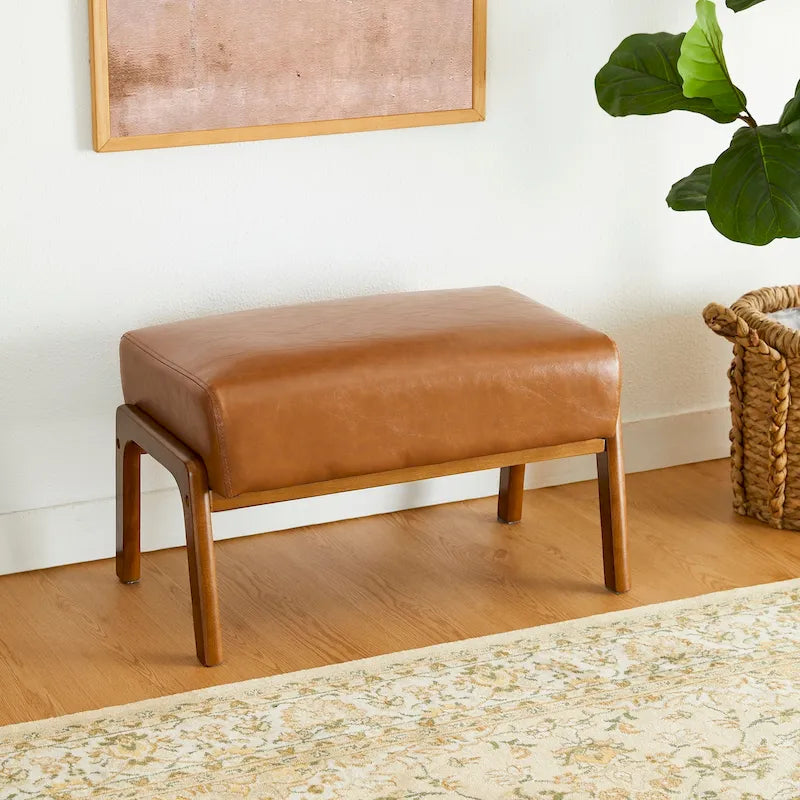 Tabouret d'appoint en similicuir avec pieds en hévéa de couleur noyer