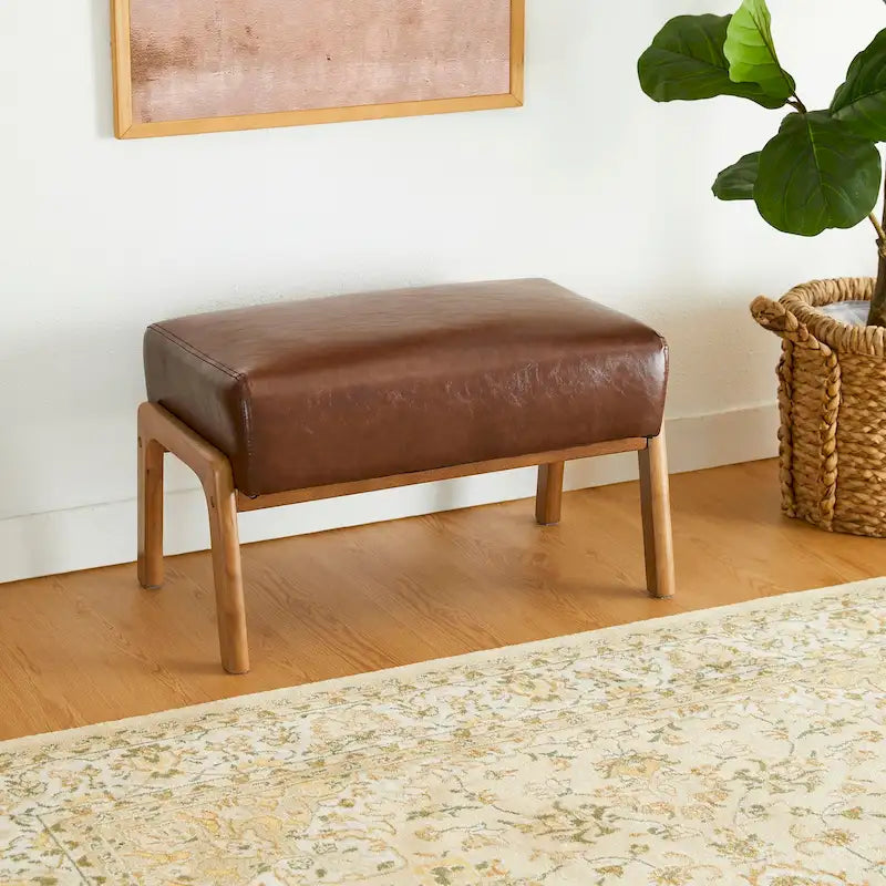 Tabouret d'appoint en similicuir avec pieds en hévéa de couleur noyer